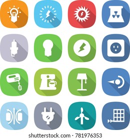 flat vector icon set - bulb vector, lightning, sun power, nuclear, spark plug, electricity, socket, mixer, coffee maker, floor lamp, photon, magnetic field, windmill, solar panel
