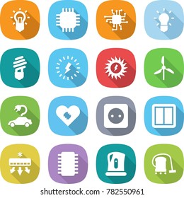 flat vector icon set - bulb vector, chip, lightning, sun power, windmill, electric car, pacemaker, socket, switch, air conditioning, kettle, vacuum cleaner