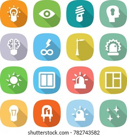 flat vector icon set - bulb vector, eye, head, brain, infinity power, outdoor light, alarm, sun, switch, window, led, siren, shining