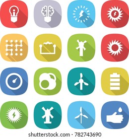 flat vector icon set - bulb vector, brain, lightning, sun power, chip, electrostatic, windmill, barometer, atom core, battery, solar, hand drop