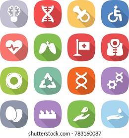 flat vector icon set - bulb brain vector, dna, nipple, disability, heart pulse, lungs, medical flag, life vest, lifebuoy, recycle, edit, eggs, seedling, hand leaf, and drop
