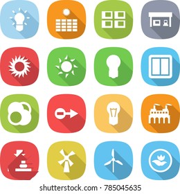 flat vector icon set - bulb vector, sun power, panel house, gas station, switch, atom core, electron, factory, press, windmill, ecology
