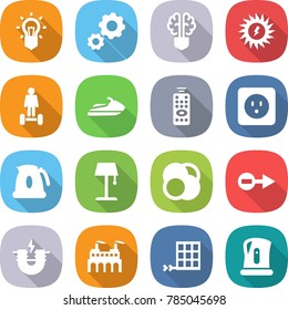 flat vector icon set - bulb vector, gear, brain, sun power, hoverboard, jet ski, remote control, socket, kettle, floor lamp, atom core, electron, electric magnet, factory, solar panel