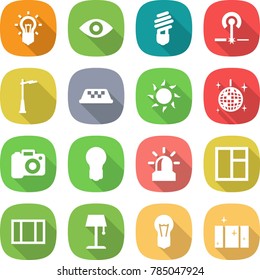 flat vector icon set - bulb vector, eye, laser, outdoor light, taxi, sun, disco ball, camera, alarm, window, floor lamp, clean