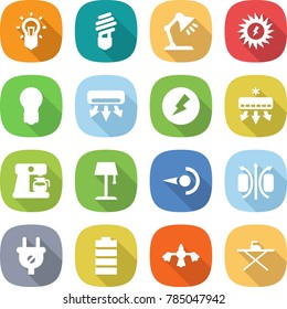 flat vector icon set - bulb vector, table lamp, sun power, air conditioning, electricity, coffee maker, floor, photon, magnetic field, plug, battery, hard reach place cleaning, iron board