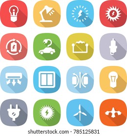 flat vector icon set - bulb vector, table lamp, lightning, sun power, battery charge, electric car, electrostatic, spark plug, air conditioning, switch, magnetic field, solar, windmill