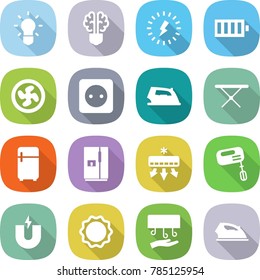 flat vector icon set - bulb vector, brain, lightning, battery, cooler fan, power socket, iron, board, fridge, air conditioning, mixer, magnet, induction oven, hand dryer