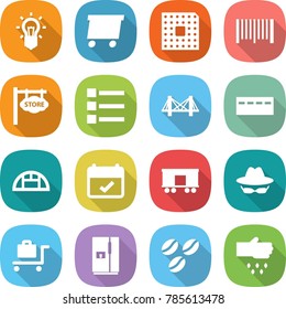 flat vector icon set - bulb vector, delivery, cpu, bar code, store signboard, list, bridge, bunker, greenhouse, terms, railroad shipping, confidential, baggage trolley, fridge, coffee seeds, sow