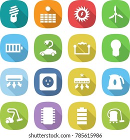 flat vector icon set - bulb vector, sun power, windmill, battery, electric car, electrostatic, air conditioning, socket, kettle, vacuum cleaner, chip
