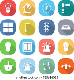flat vector icon set - bulb vector, table lamp, lightning, lighthouse, window, outdoor light, traffic, taxi, power switch, alarm, ladle, siren, shining, hard reach place cleaning