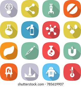 flat vector icon set - bulb brain vector, molecule, dna modify, pill, flask, potion bottle, virus, kidneys, liver, syringe, chemical, magnet, led, rocket start, robot, thermometer