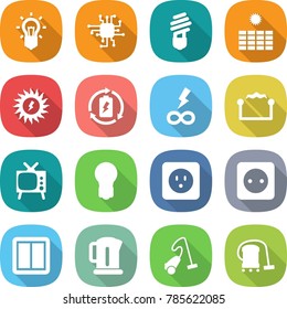 flat vector icon set - bulb vector, chip, sun power, battery charge, infinity, electrostatic, tv, socket, switch, kettle, vacuum cleaner