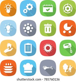 flat vector icon set - bulb vector, gear, calendar, around, round, bin, baby stroller, real estate, clipboard, sun, mixer, plate washing, cook hat, blower, garden cleaning