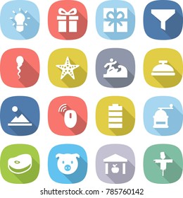 flat vector icon set - bulb vector, gift, funnel, sperm, starfish, surfer, service bell, landscape, wireless mouse, battery, hand mill, steake, pig, warehouse, scarecrow