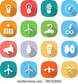 flat vector icon set - bulb vector, lightning, sun power, windmill, electric car, infinity, megafon, spark plug, coil, hard reach place cleaning, iron board