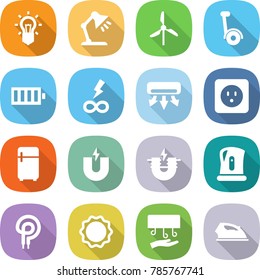 flat vector icon set - bulb vector, table lamp, windmill, gyroscooter, battery, infinity power, air conditioning, socket, fridge, magnet, electric, kettle, elecric oven, induction, hand dryer, iron