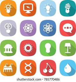 flat vector icon set - bulb vector, monitor arrow, brain, atom, balloon, goverment house, sun, floor lamp, factory, dna, cherry, drop