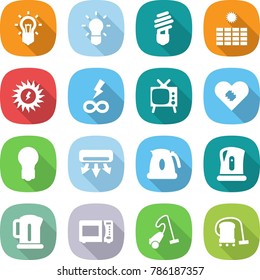 flat vector icon set - bulb vector, sun power, infinity, tv, pacemaker, air conditioning, kettle, microwave oven, vacuum cleaner