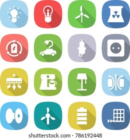 flat vector icon set - bulb vector, windmill, nuclear power, battery charge, electric car, spark plug, socket, air conditioning, coffee maker, floor lamp, magnetic field, coil, solar panel
