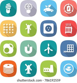 flat vector icon set - bulb vector, brain, eco car, battery charge, chip, windmill, power socket, radiator, atom core, magnet, solar panel, pancakes, factory, ecology
