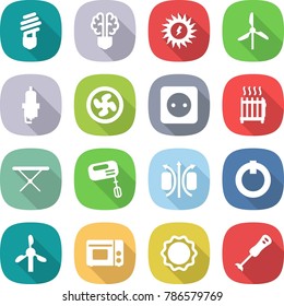 flat vector icon set - bulb vector, brain, sun power, windmill, spark plug, cooler fan, socket, radiator, iron board, mixer, magnetic field, on off button, grill oven, induction, blender