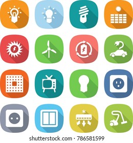 flat vector icon set - bulb vector, sun power, windmill, battery charge, electric car, cpu, tv, socket, switch, air conditioning, vacuum cleaner