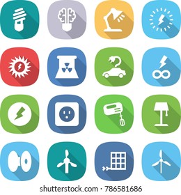 flat vector icon set - bulb vector, brain, table lamp, lightning, sun power, nuclear, electric car, infinity, electricity, socket, mixer, floor, coil, windmill, solar panel