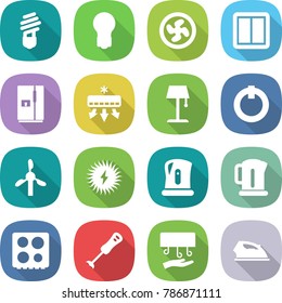 flat vector icon set - bulb vector, cooler fan, power switch, fridge, air conditioning, floor lamp, on off button, windmill, solar, kettle, hob, blender, hand dryer, iron