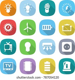 flat vector icon set - bulb vector, lightning, sun power, windmill, battery, electrostatic, tv, air conditioning, socket, chip, kettle