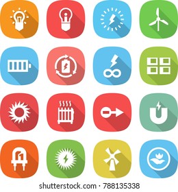 flat vector icon set - bulb vector, lightning, windmill, battery, charge, infinity power, panel house, sun, radiator, electron, magnet, led, solar, ecology