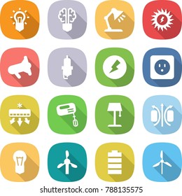 flat vector icon set - bulb vector, brain, table lamp, sun power, megafon, spark plug, electricity, socket, air conditioning, mixer, floor, magnetic field, windmill, battery
