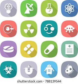 flat vector icon set - bulb brain vector, satellite antenna, round flask, atom, cell corection, nuclear, quantum bond, ufo, pill, recipe, biohazard, electric magnet, robot, microb