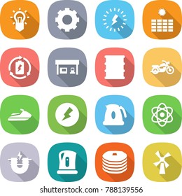 flat vector icon set - bulb vector, gear, lightning, sun power, battery charge, gas station, barrel, motorcycle, jet ski, electricity, kettle, atom, electric magnet, pancakes, windmill