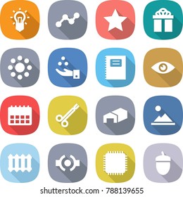 flat vector icon set - bulb vector, graph, star, gift, round around, chemical industry, copybook, eye, calendar, surgical clamp, warehouse, landscape, radiator, connect, cpu, acorn
