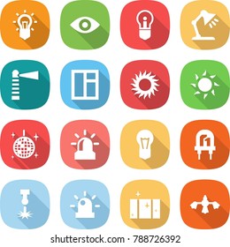 flat vector icon set - bulb vector, eye, table lamp, lighthouse, window, sun, disco ball, alarm, led, laser, siren, clean, hard reach place cleaning