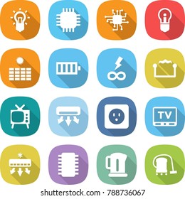 flat vector icon set - bulb vector, chip, sun power, battery, infinity, electrostatic, tv, air conditioning, socket, kettle, vacuum cleaner