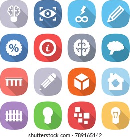 flat vector icon set - bulb brain vector, eye identity, infinity power, pencil, percent, info, bridge, 3d, smart house, fence, blocks