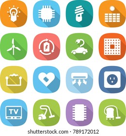 flat vector icon set - bulb vector, chip, sun power, windmill, battery charge, electric car, cpu, electrostatic, pacemaker, air conditioning, socket, tv, vacuum cleaner