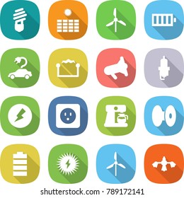 flat vector icon set - bulb vector, sun power, windmill, battery, electric car, electrostatic, megafon, spark plug, electricity, socket, coffee maker, coil, solar, hard reach place cleaning
