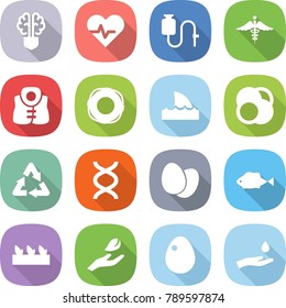 flat vector icon set - bulb brain vector, heart pulse, dropper, ambulance sign, life vest, lifebuoy, shark flipper, atom core, recycle, dna, eggs, fish, seedling, hand leaf, egg, and drop