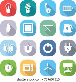 flat vector icon set - bulb vector, gyroscooter, battery, spark plug, power switch, iron board, kettle, magnetic field, electric magnet, on off button, solar, grill oven, windmill, hand dryer