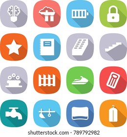 flat vector icon set - bulb brain vector, factory filter, battery, lock, star, copybook, brick, stairs, flower bed, fence, jet ski, inflatable mattress, water tap, plow, sponge, dry wash