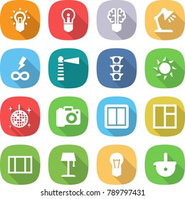 flat vector icon set - bulb vector, brain, table lamp, infinity power, lighthouse, traffic light, sun, disco ball, camera, switch, window, floor, ladle