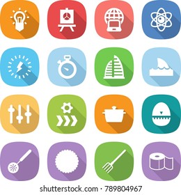 flat vector icon set - bulb vector, presentation, notebook globe, atom, lightning, stopwatch, skyscraper, shark flipper, setup, conveyor, pan, egg timer, skimmer, cookies, fork, toilet paper