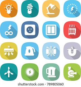 flat vector icon set - bulb vector, table lamp, lightning, infinity power, socket, switch, radiator, air conditioning, kettle, magnetic field, electric magnet, windmill, solar, water pump