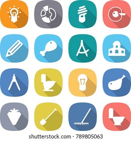 flat vector icon set - bulb vector, circle diagram, cell corection, pencil, chicken leg, draw compass, mansion, drawing compasses, toilet, berry, shovel, rake