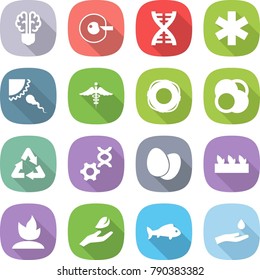 flat vector icon set - bulb brain vector, cell corection, dna, ambulance star, sperm, sign, lifebuoy, atom core, recycle, edit, eggs, seedling, sprouting, hand leaf, fish, and drop