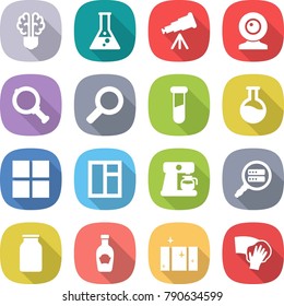 flat vector icon set - bulb brain vector, flask, telescope, web cam, magnifier, test vial, window, coffee maker, data search, bank, ketchup, clean, wiping