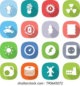 flat vector icon set - bulb vector, sun power, nuclear, eco car, battery charge, spark plug, barrel, barometer, electricity, socket, atom core, pancakes, windmill, factory