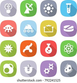 flat vector icon set - bulb brain vector, satellite antenna, round around, vial, ufo, lunar rover, electrostatic, pill, virus, chemical, atom, core, electric magnet, dna edit, microb